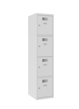 Ein lichtgrauer Fächerschrank mit einem Abteil und vier Fächern mit jeweils einer Tür. Alle Türen sind geschlossen. Der Schrank steht vor einem weißen Hintergrund.